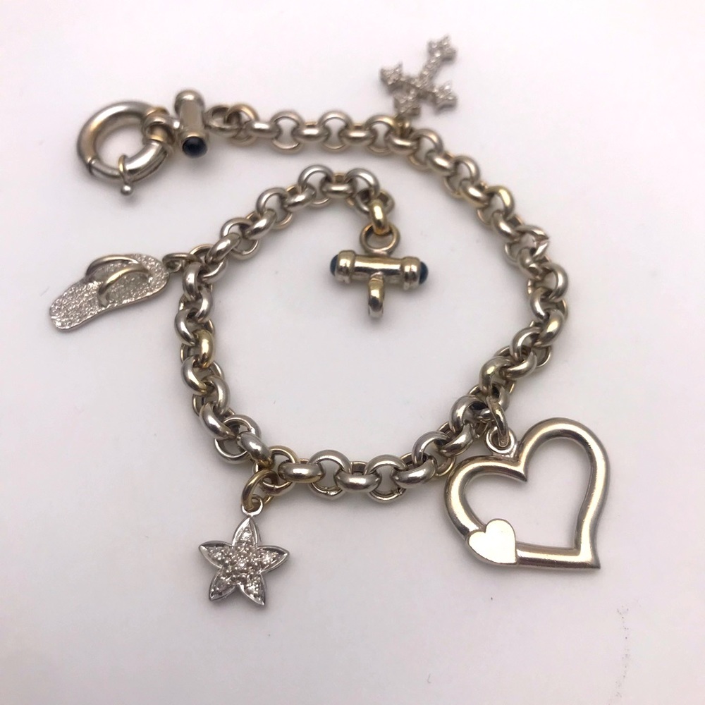 14kt White Gold Rolo Link Chain, Fancy Large Clasp, with Dangling Charms 7”